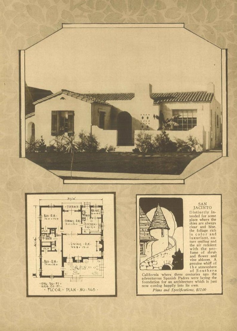 May include: Vintage architectural advertisement featuring a Spanish-style home, floor plan, and an illustration of a building. The advertisement includes text about the home's design and specifications.