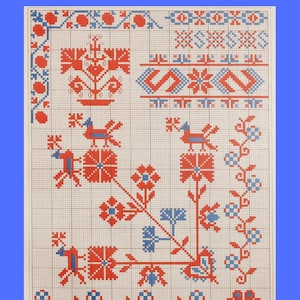 May include: An antique Czech Moravian embroidery pattern book with red and blue folk motifs. The design includes floral and geometric patterns, with the text "ONE-OF-A-KIND FOLK MOTIFS" at the bottom. The title "ANTIQUE CZECH MORAVIAN EMBROIDERY PATTERN BOOK" is at the top.