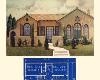 May include: A document titled SPANISH REVIVAL HOUSE PLANS with a blue banner stating BLUEPRINT INCLUDED. It features an illustration of a tan stucco house with a tile roof and a blue floor plan diagram showing dimensions of 36 feet by 34 feet.