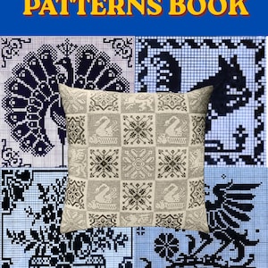 May include: A Filet Crochet Patterns Book featuring a square pillow with a grid of alternating swan and geometric motifs in beige and dark brown, overlaid on a background of four distinct black and white grid-based crochet pattern charts.