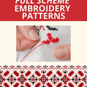 May include: Image features the text "UKRANIAN FULL SCHEME EMBROIDERY PATTERNS" in white on a red background. Below, a close-up shows red embroidery on white fabric. At the bottom, a detailed pattern in red, black, and white.