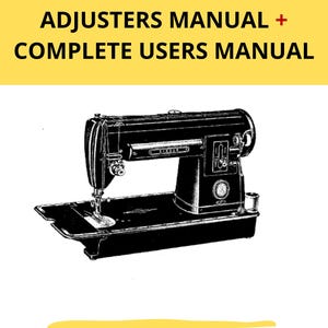 以下が含まれることがあります： 黄色い背景にシンガーの電動ミシンを描いた白黒のイラスト。SINGER ELECTRIC SEWING MACHINE 301 & 301-1 ADJUSTERS MANUAL + COMPLETE USERS MANUALという文字と、2 for the Price of 1という文字が記載されています。