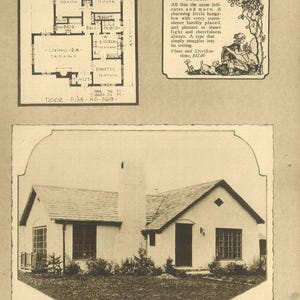 May include: Vintage architectural illustration featuring a house plan, a detailed floor plan, and a charming bungalow design labeled "BONITA." The house plan includes room dimensions. The bungalow image shows a white house with a dark roof and a chimney.
