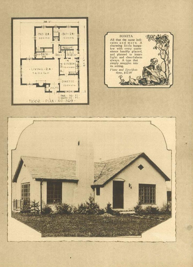 May include: Vintage architectural illustration featuring a house plan, a detailed floor plan, and a charming bungalow design labeled "BONITA." The house plan includes room dimensions. The bungalow image shows a white house with a dark roof and a chimney.