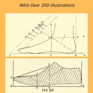 Puede incluir: Portada del libro titulada "How to Make Boots and Shoes" con ilustraciones de diagramas de zapatos y pies. La portada es de color naranja claro con texto e ilustraciones en negro. El nombre del autor, F. Y. Golding, está en la parte inferior.