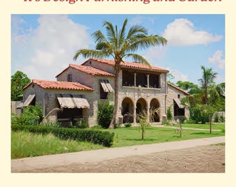 May include: A document titled MEDITERRANEAN-STYLE VILLA FLOOR PLANS It's Design Furnishing and Garden featuring a stone villa with a red tile roof, arched entryways, and a palm tree. Text below reads Discover authentic 1920s layouts engineered around central open-air courtyards, loggias, and sweeping arcades.