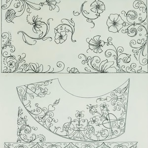 May include: A digital document titled VINTAGE EMBROIDERY PATTERNS PDF BOOK featuring black line art illustrations of floral motifs, scrolling vines, and decorative borders, with a yellow label stating over 60 authentic vintage embroidery designs.