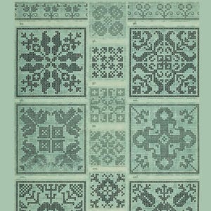 May include: A cross stitch pattern book with the text CROSS STITCH PATTERN BOOK at the top. The page displays a grid of various black geometric and floral cross stitch designs on a light green background, labeled with numbers 94 through 104.