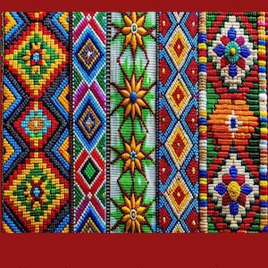 May include: A digital guide titled HOW TO DO BEADWORK with Step-by-step instructions. The image displays five vertical strips of intricate, colorful beadwork featuring geometric diamond patterns, star motifs, and floral designs in vibrant hues.