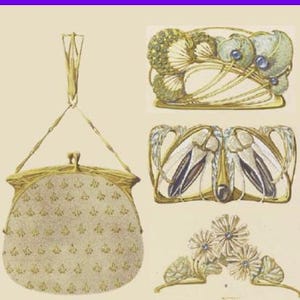 May include: A book cover titled 200 FRENCH ART NOUVEAU JEWELRY & GOLDSMITH DESIGNS By PAUL FOLLOT. The cover features a gold-toned handbag with a clasp and three detailed illustrations of floral and insect-inspired jewelry pieces in gold and blue.