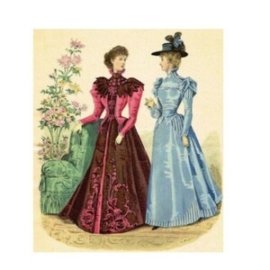 May include: A book cover titled The Parisian Tailor, A Guide to Cutting Ladies Garment, published in 1895 by Dress Cutting Academy and School of Art. The illustration depicts two figures in long dresses, one in pink and brown, one in light blue.