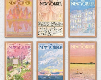 The New Yorker Magazine Cover Set Of 6, Gallery Wall Art Set Of 6, Blue and Pink New Yorker Prints, PRINTABLE Digital Download,