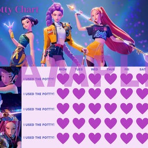 Peut inclure: Un tableau de propreté avec trois personnages féminins animés sur des fonds violets et bleus. Le tableau comprend le texte "Potty Chart" et "I USED THE POTTY!" avec des espaces pour suivre l'utilisation des toilettes, marqués par des cœurs violets.