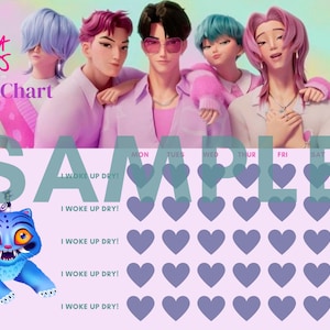 Peut inclure: Un tableau de suivi rose et violet avec un groupe de personnages animés. Le tableau comprend un texte d'exemple et un tigre de dessin animé bleu. Le texte "I WOKE UP DRY!" est répété. Le tableau est conçu pour suivre les progrès quotidiens.