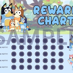 May include: A blue and white reward chart for children featuring the characters from the cartoon Bluey. The chart has five rows with the text "I used the potty!" and seven columns labeled with the days of the week. Each day has five circles that can be colored in to track progress.
