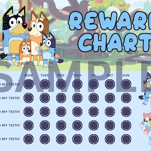 Puede incluir: Un cuadro de recompensas azul y blanco con perros de dibujos animados. El cuadro tiene las palabras "REWARD CHART" en letras de burbujas azules. El cuadro incluye los días de la semana y espacios para marcar el progreso diario. El texto "I brushed my teeth!" se repite.