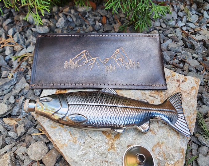 Etched Leather Mountain Fish Flask | 5oz Stainless Steel Flask with Belt Loop & Funnel | Handmade Rustic Gift