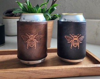 Leather Beer Can Sleeve: Rustic Bee Design, Camping Drinkware