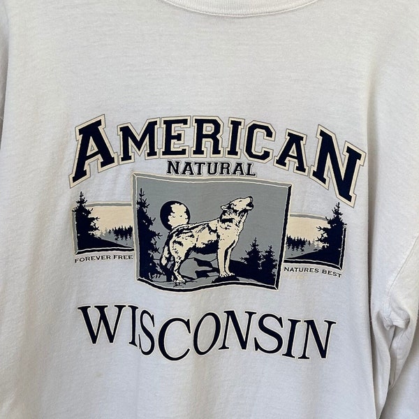 Vintage 90s Alternative Apparel American Wisconsin Travel Outdoors Wolf Tourism  Long Sleeve Tee | Size Large