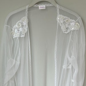 Vintage Retro 90s Frederick&#39;s of Hollywood White Sheer Lace Nylon Made in USA Floor Length Lingerie Negligee Nightgown | Size Large