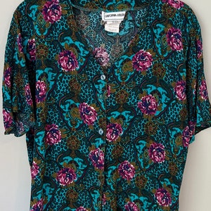 Vintage California Krush Floral Vacation Travel Tropical Pattern Print Vibrant Made in USA Button Down Blouse | Size Medium