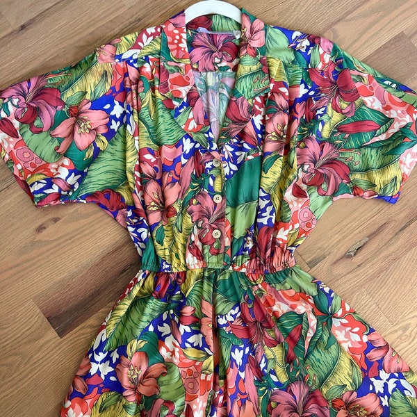 Vintage 80s Carol Anderson California Tropical Colorful Vibrant Hibiscus Floral Print Flower Pattern  Dolman Batwing Sleeve Summer Dress