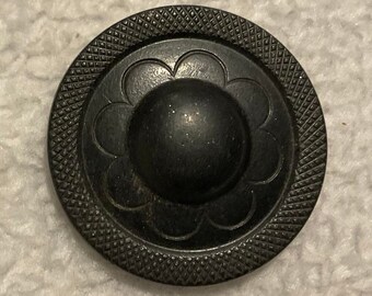 Black Floral Composition Vintage Button. 1 1/8 Inch.