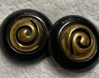 Large Black Bakelite Buttons with Metal Extrusion, Swirl Design. 1 1/2 Inches Each.