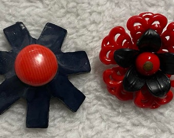 2 Black and Large Floral Vintage Buttons. Black Petals with Red Center Flower is Celluloid, Red Petals with Black/Red Center, Plastic.