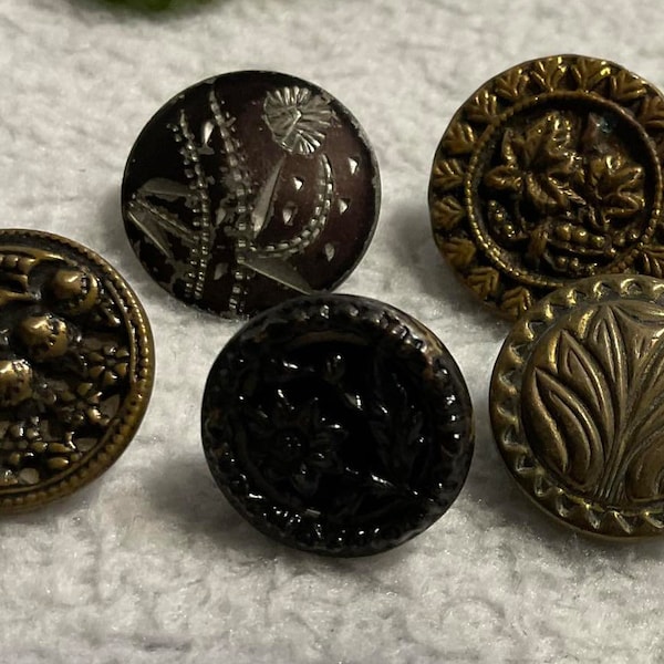 5 Antique Metal Buttons. Floral Designs. One Steel Cup. Black Floral Button Has Twinkle Edging.