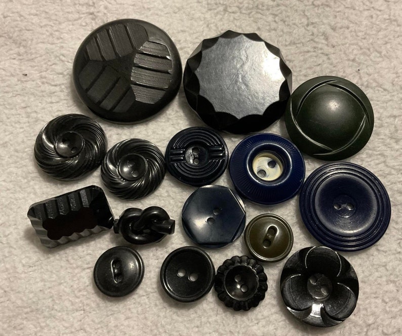 Blue and Black Vintage Buttons. 16 Total. Large and Small. Various