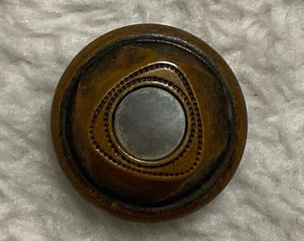 Antique Metal Button with MOP Inlay. 5/8 Inch. Geometric Design.