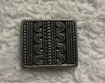 Square Danforth Pewter Vintage Button. Silver. 7/8 Inch Wide, 3/4 Inch High. "African Rope" Design. 1990s.