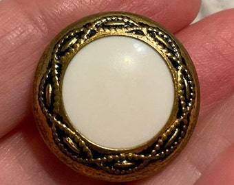 White Glass Vintage Button with Pretty Brass Edging. 3/4 Inch.