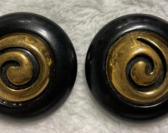 Large Black Bakelite Buttons with Metal Extrusion, Swirl Design. 1 1/2 Inches Each.