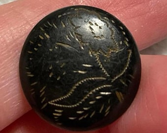 Beautiful Black Tole Antique Button. Japanned Floral Design.