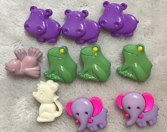 Plastic Animal Vintage Buttons, Hippos, Frogs, Mouse, Bird, Elephants