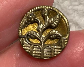 Beautiful Antique Picture Button. Gold Back with Brass Flowers on Fence. 1/2 Inch.