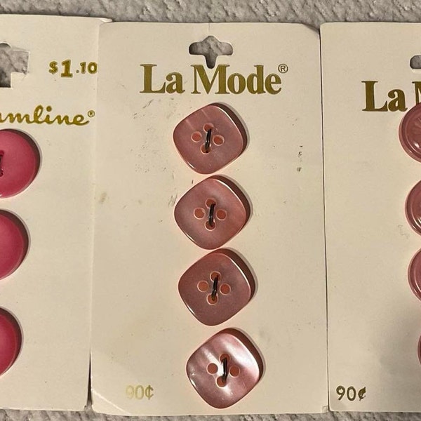 11 Light Pink Vintage Buttons. Streamline and La Mode Brands. Carded. Square and Round.