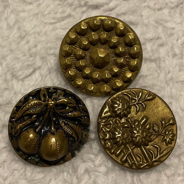 Three Victorian Brass Picture Buttons. Antqiue. Foliage, Flora and Steel Cut. Various Sizes.