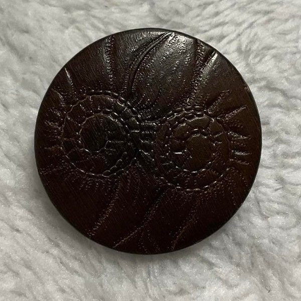 Dark Brown Embossed VI Antique Button. A Little Over 1 1/8 Inch.