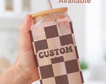 Checker Glass Cup with Straw and Lid personalized cup for gift