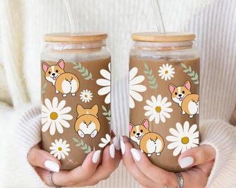 Corgi and Daisies Glass cup for coffee smoothies iced tea gift for corgi mom corgi lover