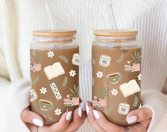 Cozy Book Lover Glass Tumbler with Bamboo Lid and Glass straw floral design coffee tea cup