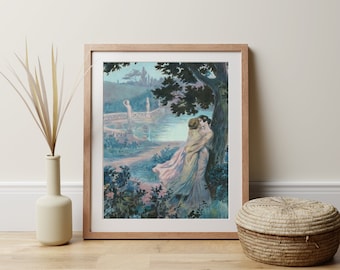 May include: Framed art print featuring a romantic scene of two figures embracing under a tree near a body of water. The artwork has a vintage aesthetic with soft blues, greens, and pinks. The frame is a light brown color.