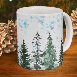 Pine trees mug 11oz winter season Christmas trees mug, hot chocolate mug for secret Santa gift,  xmas mug, ceramic coffee mug