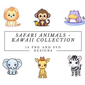 Kawaii Safari Animals Bundle PNG and SVG Safari Animals Clipart Kawaii SVG with Transparent Background Jungle Animals Clipart Digital Print