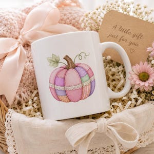 Pastel Pumpkin Mug, Cute Fall Coffee Cup, Pink Patchwork Pumpkin Mug, Cozy Autumn Gift, Feminine Fall Decor,Fall Gift