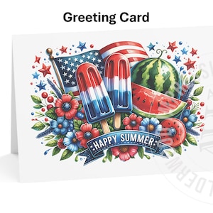 Carte de voeux patriotique « Joyeux été » (30 ou 50 pièces) avec un graphisme patriotique représentant des sucettes glacées, de la pastèque et des fleurs.  Enveloppes incluses.