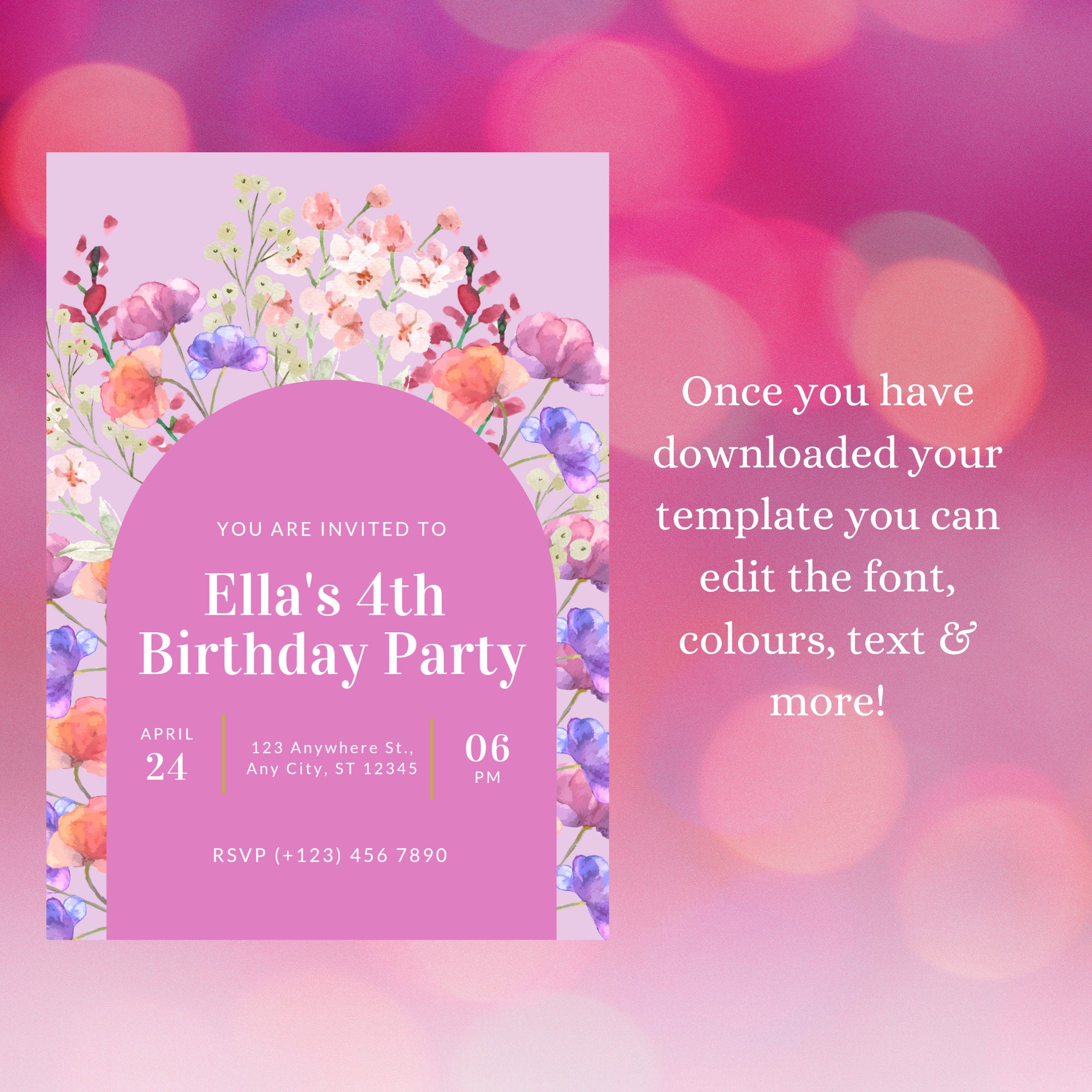 Pink Birthday Party Invitation Floral Bright Pink Editable - Etsy